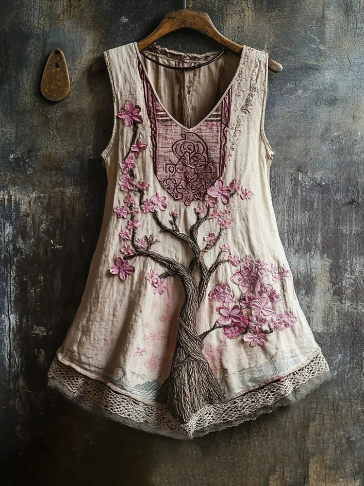 Women's Cherry Blossom Embroidery Lace Art Linen Tank