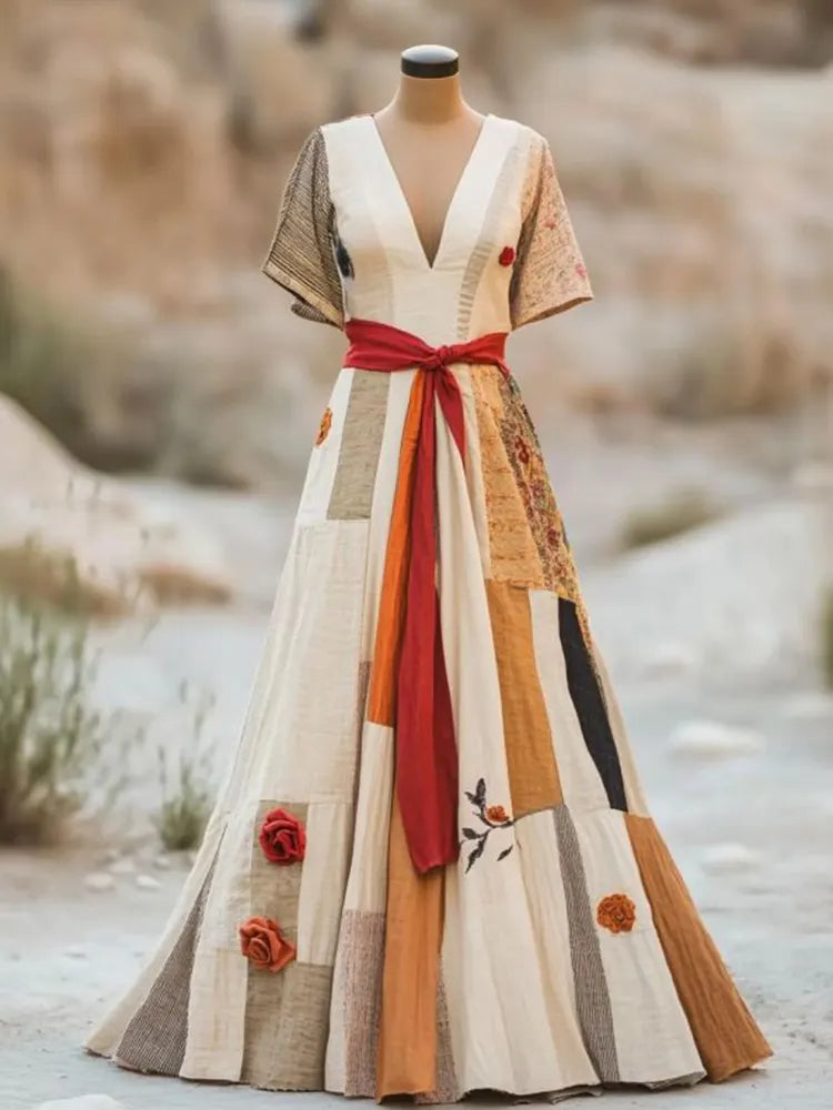 Women's Vintage Floral Patchwork Color Block Short Sleeve Maxi Dress