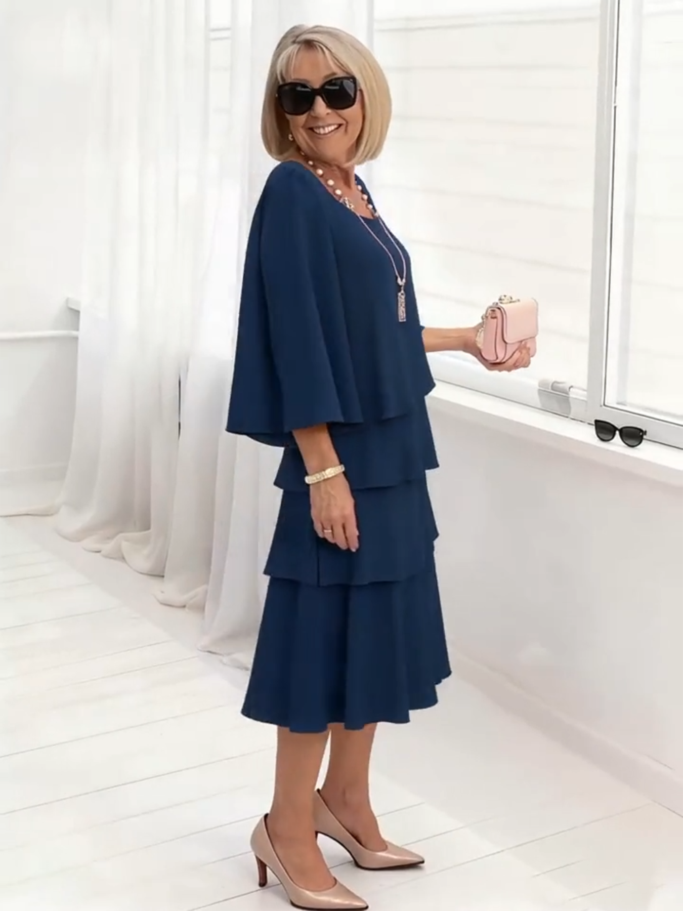 Long Dress Half Sleeve Fashion Cake Skirt Women's Temperament Loose and Thin Round Neck Dress