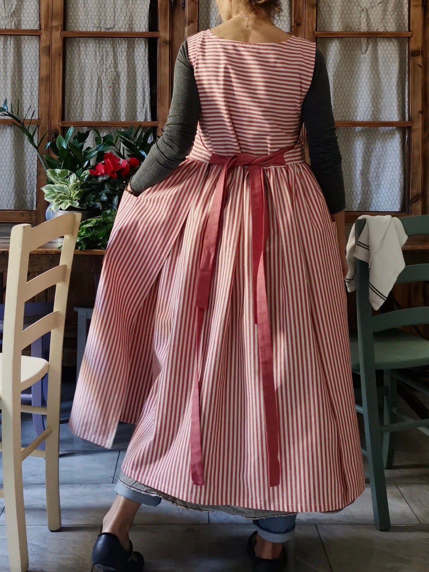 Cherry Red Striped Cotton Kitchen Apron