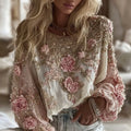 Women's Vintage Three-dimensional Flower Pattern Pink Long-sleeved Casual Top