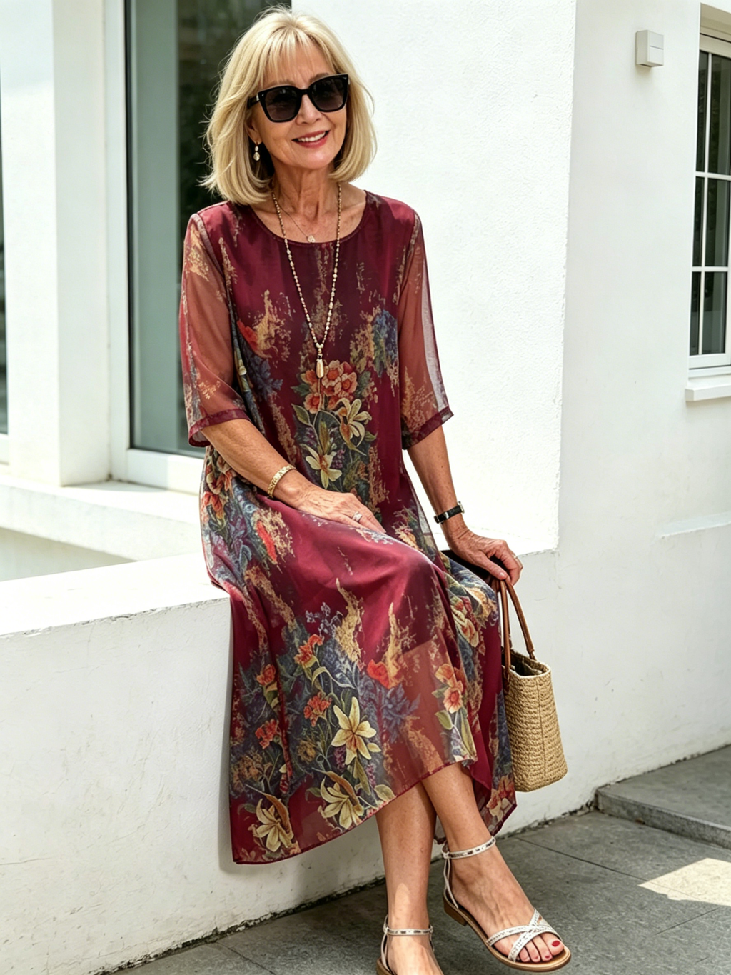 Black Floral Chiffon Midi Dress, Loose Tummy Hiding 3/4 Sleeve Printed Dress for Mature Women