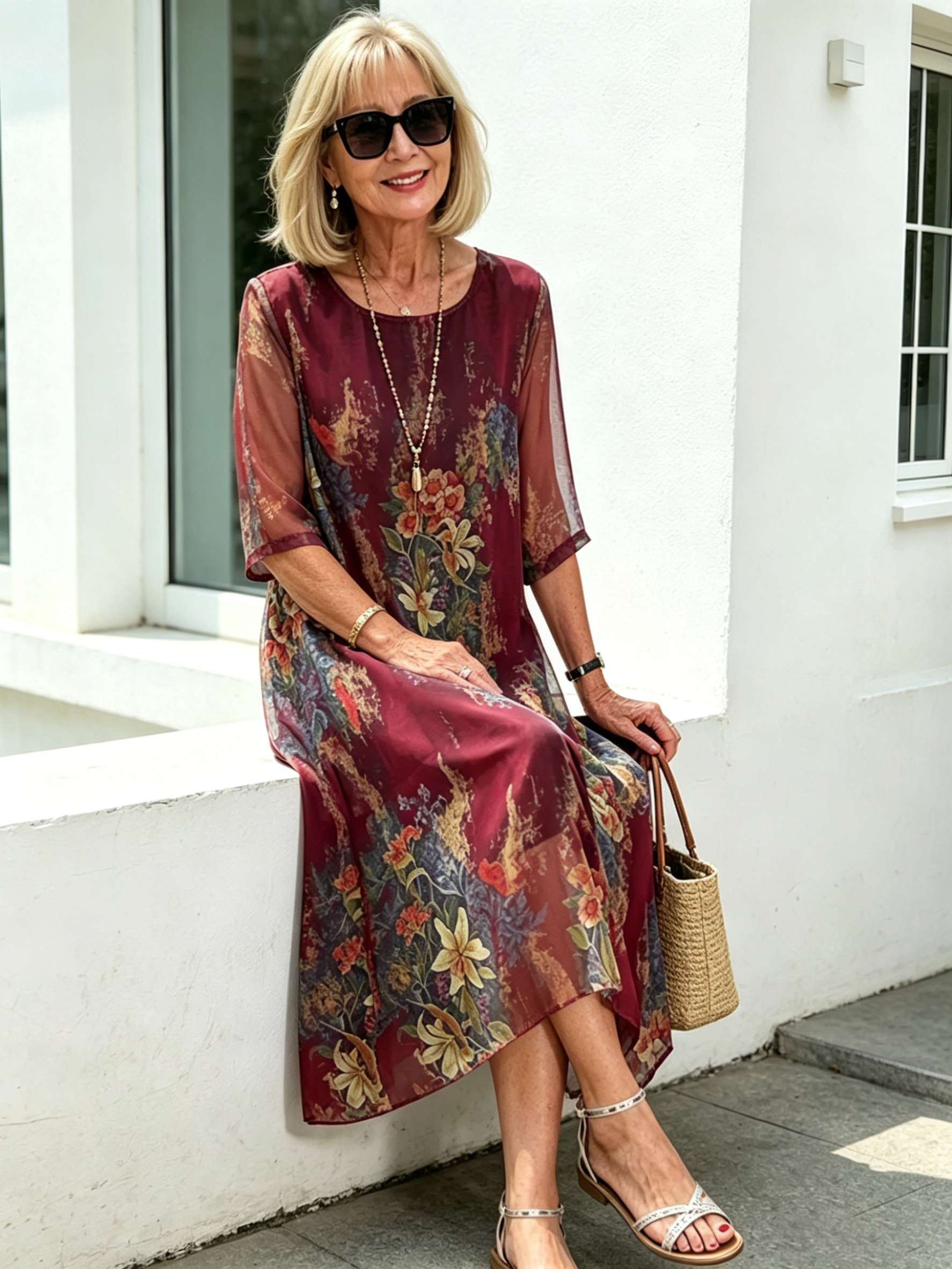 Black Floral Chiffon Midi Dress, Loose Tummy Hiding 3/4 Sleeve Printed Dress for Mature Women
