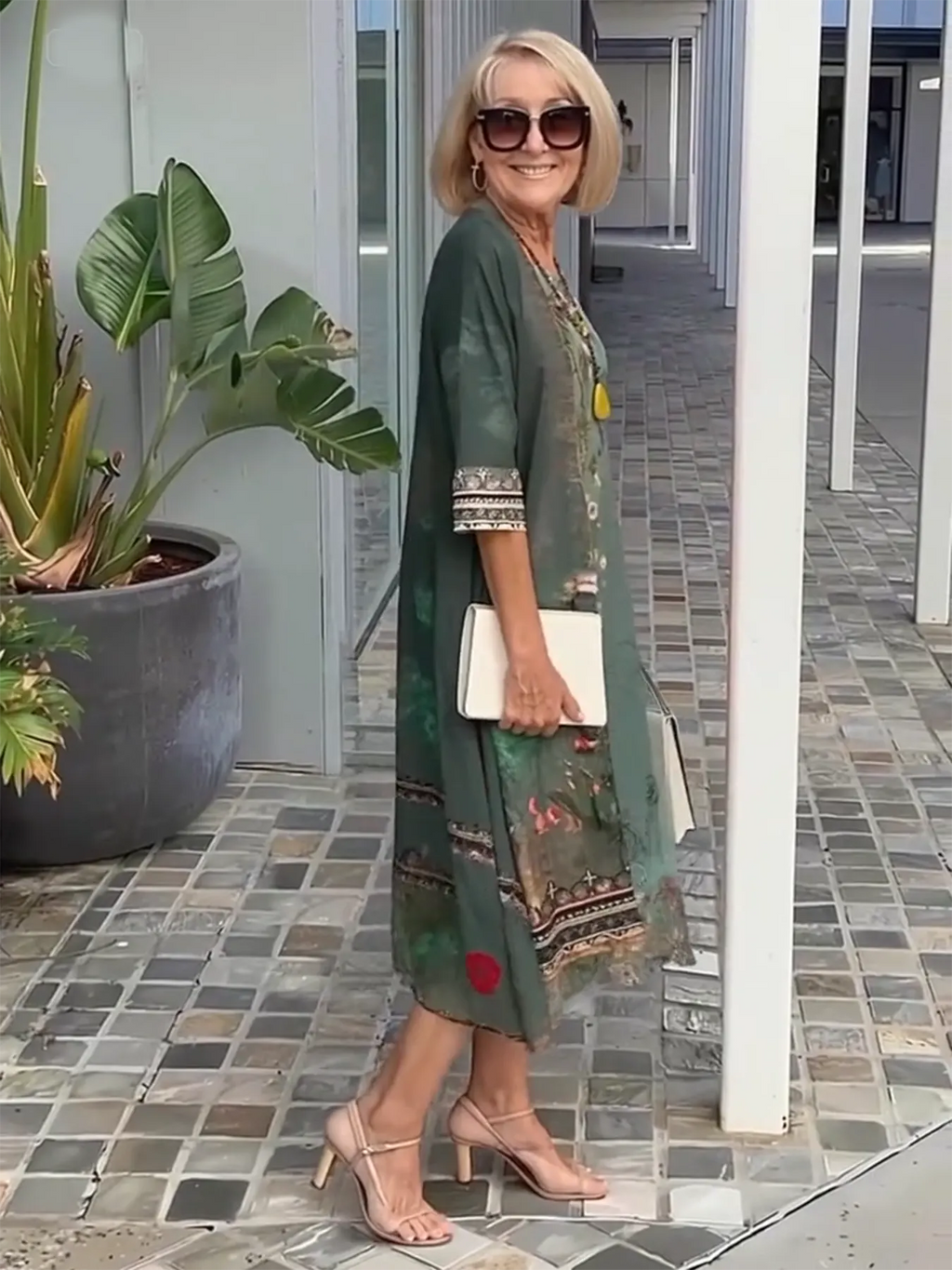 3/4 Sleeve Printing Coat & Dress Two-Piece Suit