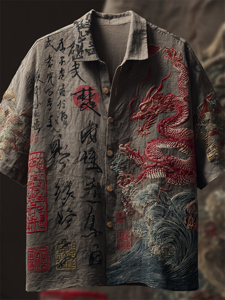 Men's Japanese Dragon & Sea Waves Calligraphy Linen Shirt