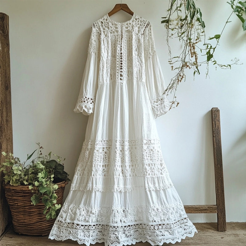 Vintage Floral Hollow Lace Patchwork Linen Cozy Maxi Dress