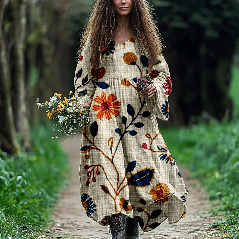 Boho Flowers Embroidered Linen Blend Maxi Dress