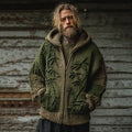 Men's Vintage Bamboo Embroidery Art Knit Zip Up Hooded Sweater