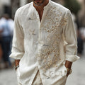 Men's Japanese-style Cherry Blossom With Crane Pattern Linen Blend Shirt