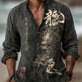 Japanese Zen-inspired Dragon Calligraphy Print Men's Linen Long-sleeve Shirt
