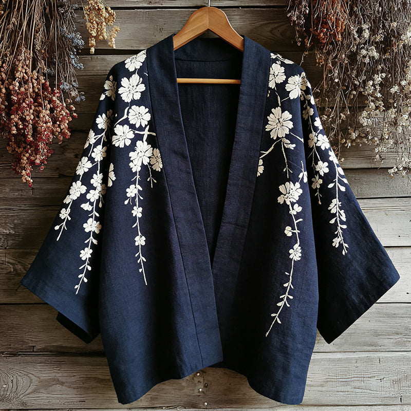 Retro Japanese Floral Art Print Cotton And Linen Blend Kimono Cardigan