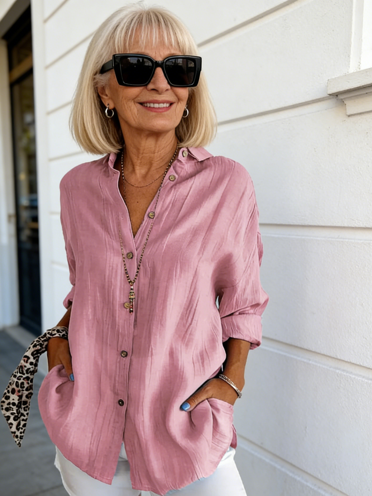 Women's Single-Breasted Pleated Lapel Shirt Solid Color Rollable Sleeves Top