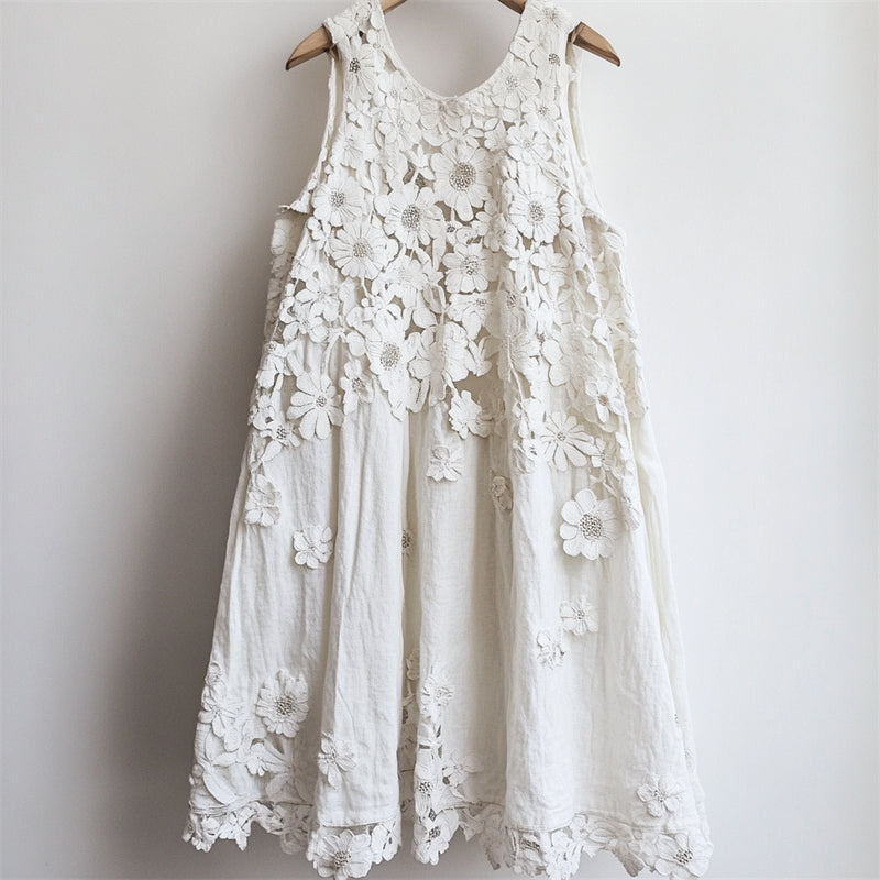 Classy 3d Floral Hollow Lace Patchwork Linen Tank Dress