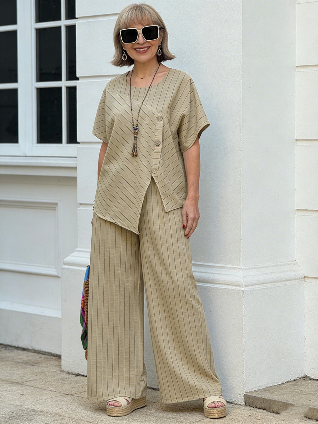 2Pcs Striped Short-sleeved Trousers Shirt Loose Pants Two-piece Set