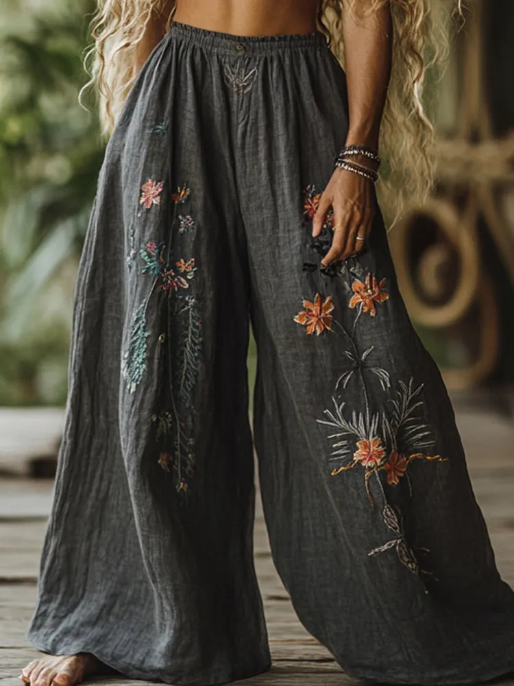 Vintage Bohemian Resort Floral Art Printed Cotton Linen Wide Leg Pants