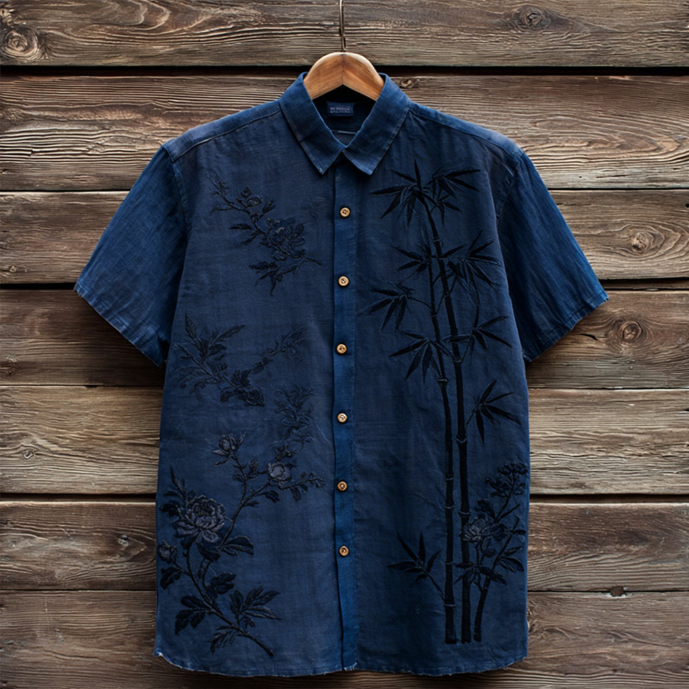 Vintage Flowers & Bamboo Art Short Sleeve Linen Shirt