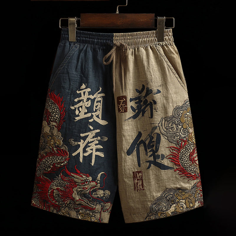 Men's Japanese-style Linen Shorts With Dragon And Calligraphy Patterns