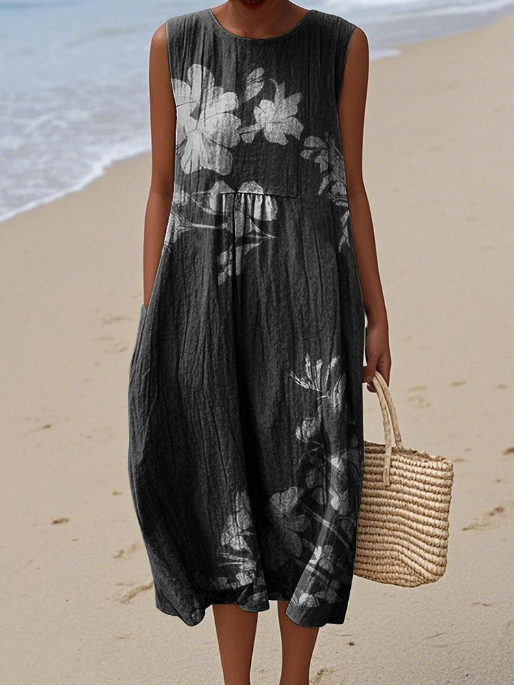 Vintage Loose Floral Art Linen Tank Dress