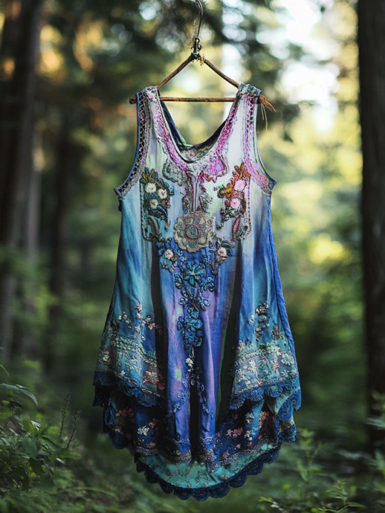 Boho Lavender Gradient Lace Art Linen Sleeveless Tank Top