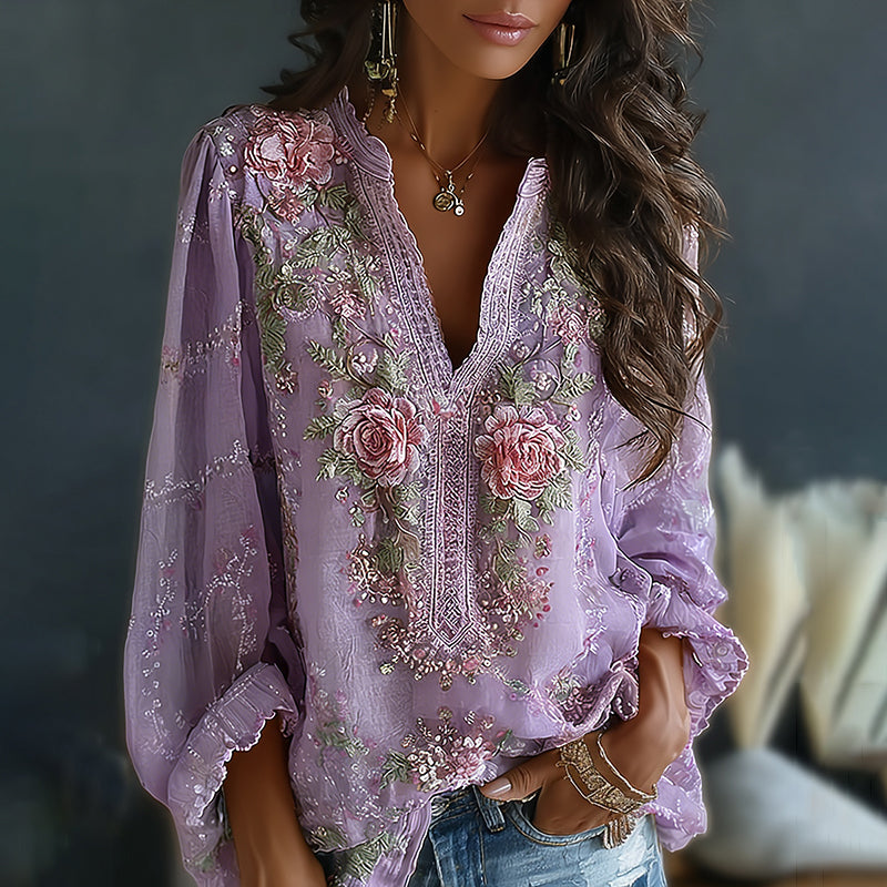 Women's Vintage Spring Floral Embroidered Art Print Flowy Linen Blend Casual Tops