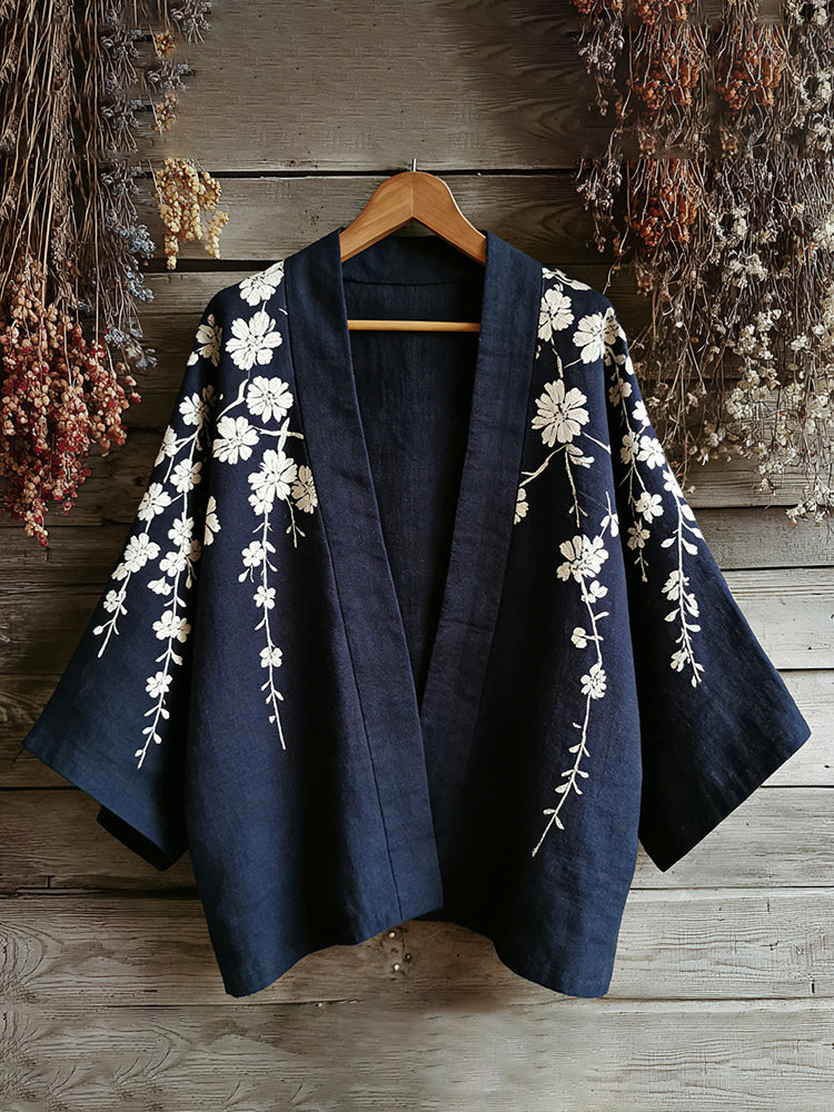 Retro Japanese Floral Art Print Cotton And Linen Blend Kimono Cardigan