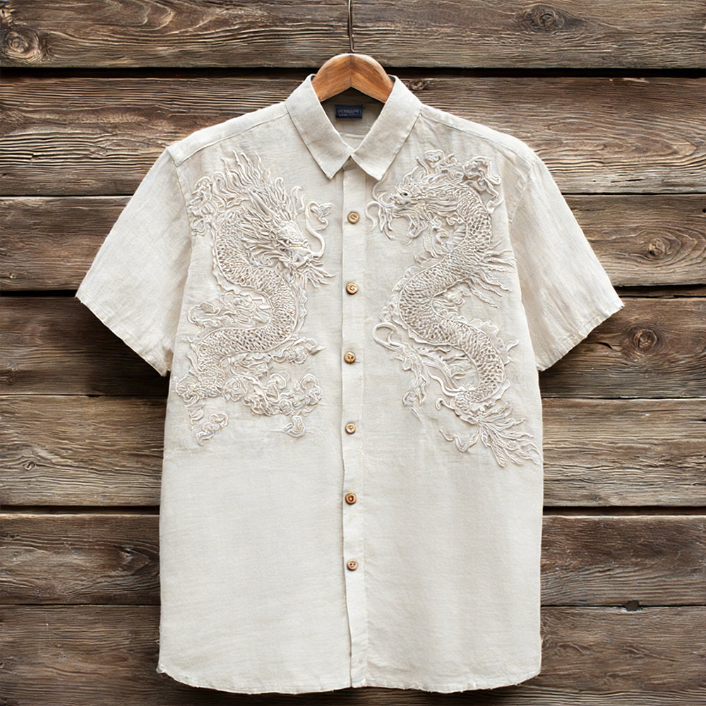 Vintage Clouds & Cranes Art Short Sleeve Linen Shirt