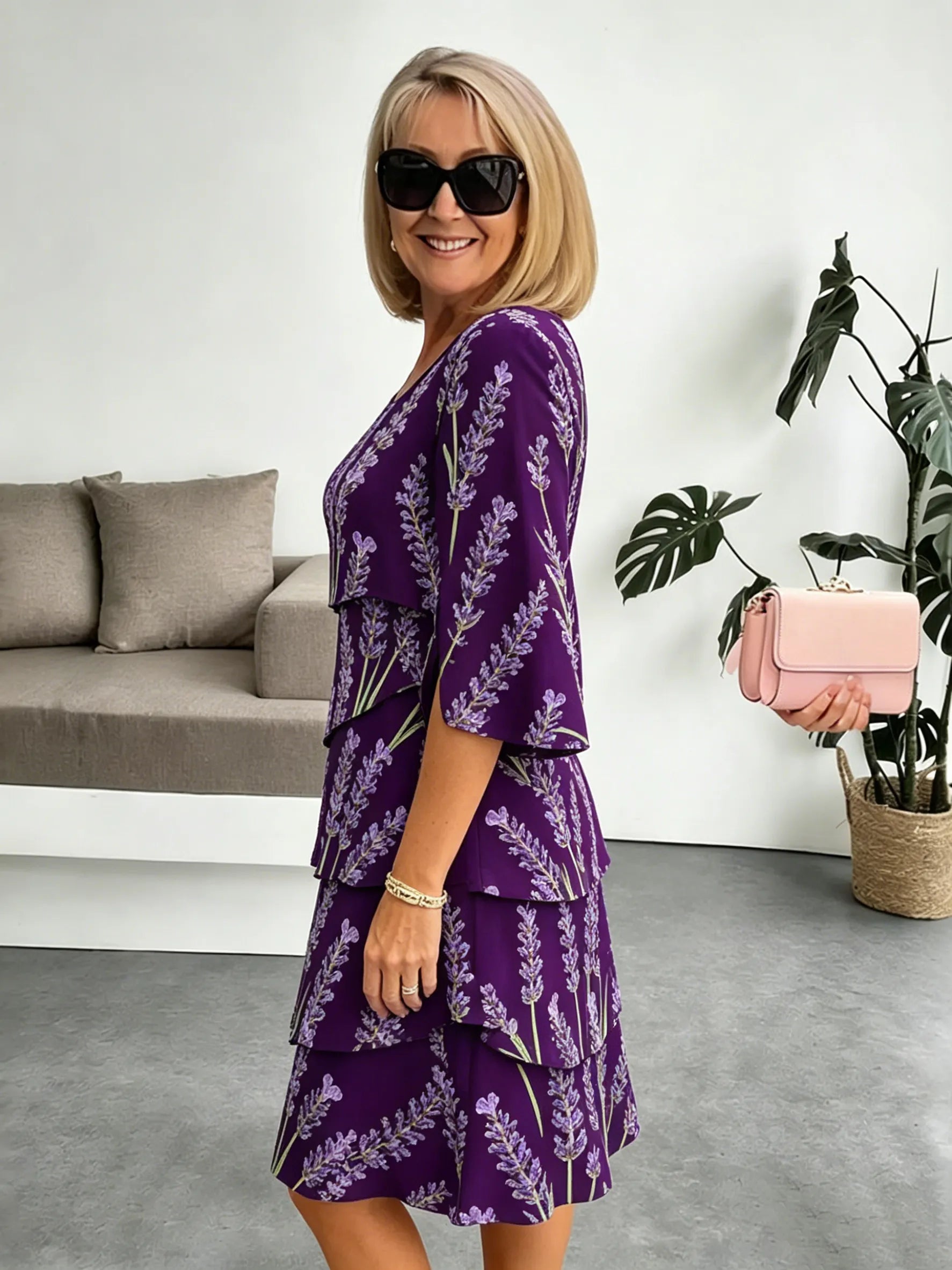 Lavender Chiffon Vacation Prints Color Round Neck Cake Skirt Splicing Dress Mid-length
