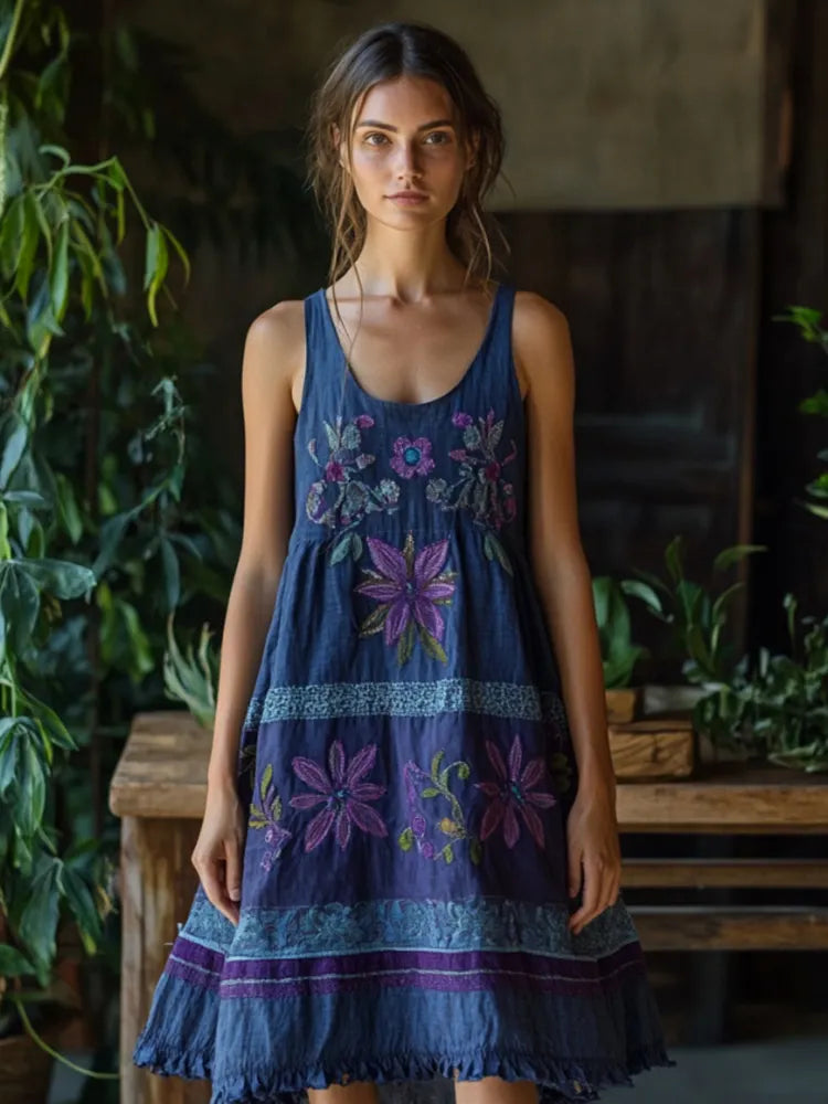 Vintage Bohemian Floral Embroidery Linen Mini Dress