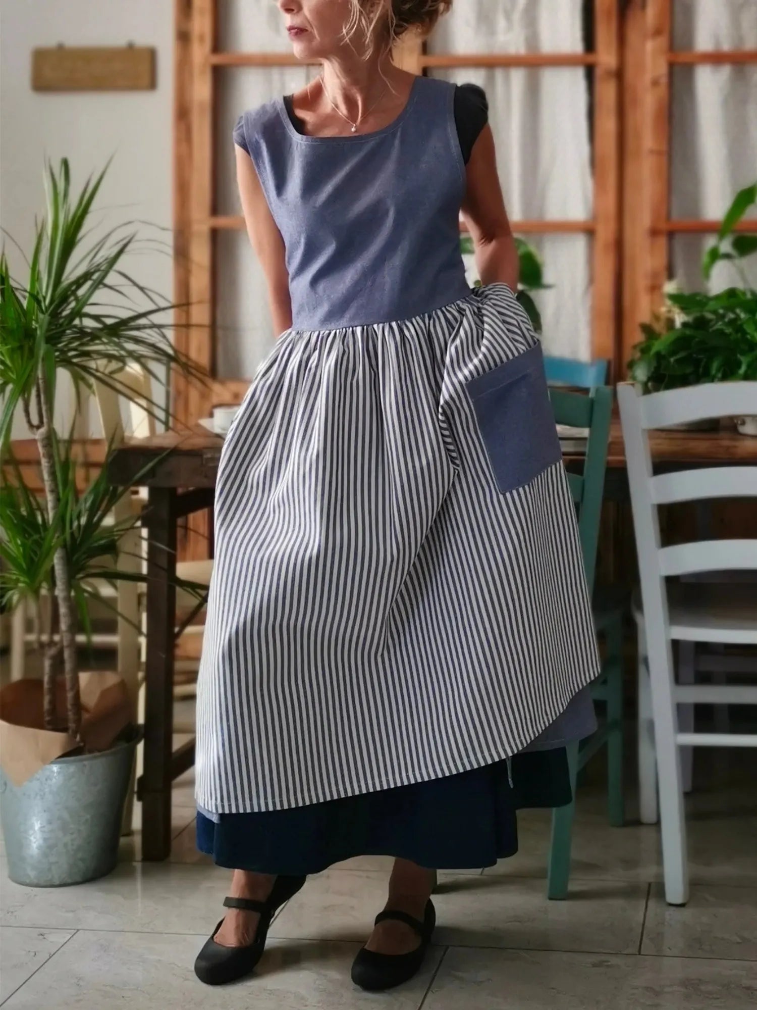 Blue Striped Patchwork Cotton Kitchen Apron