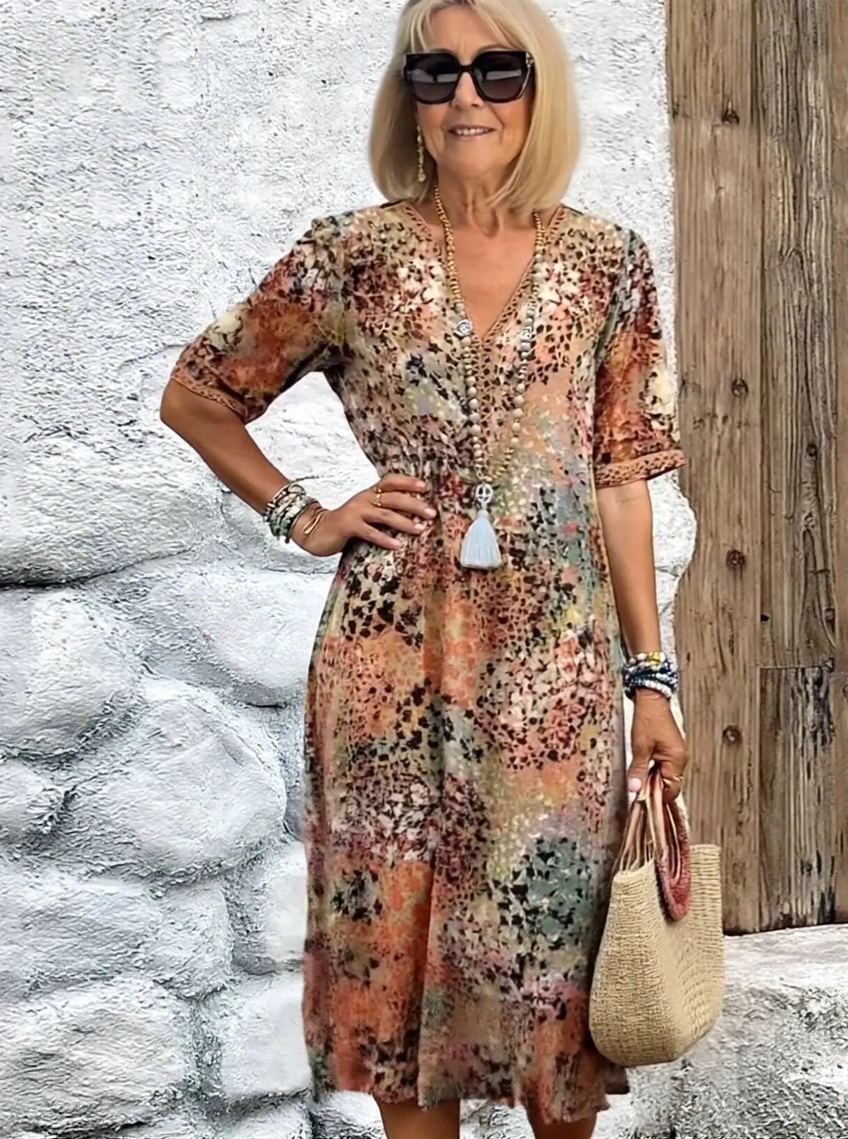 Vacation DRESS Women's Short Sleeve Summer Leopard Lace Dress V Neck Daily Going Out Casual Knee Length A-Line Khaki