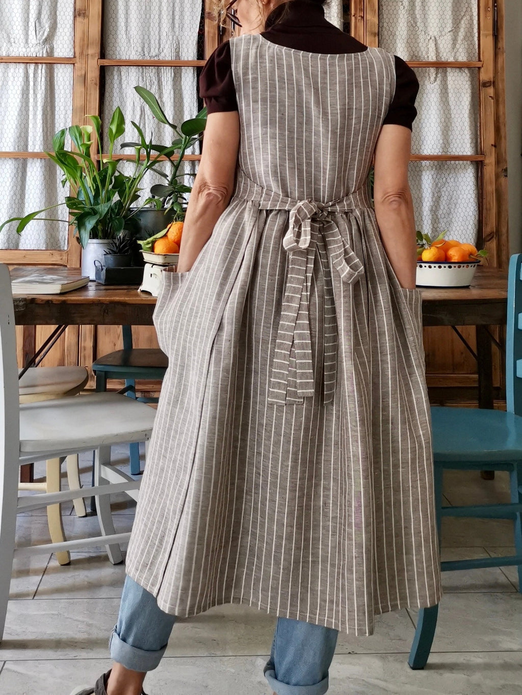 Brown Striped Cotton Women's Apron