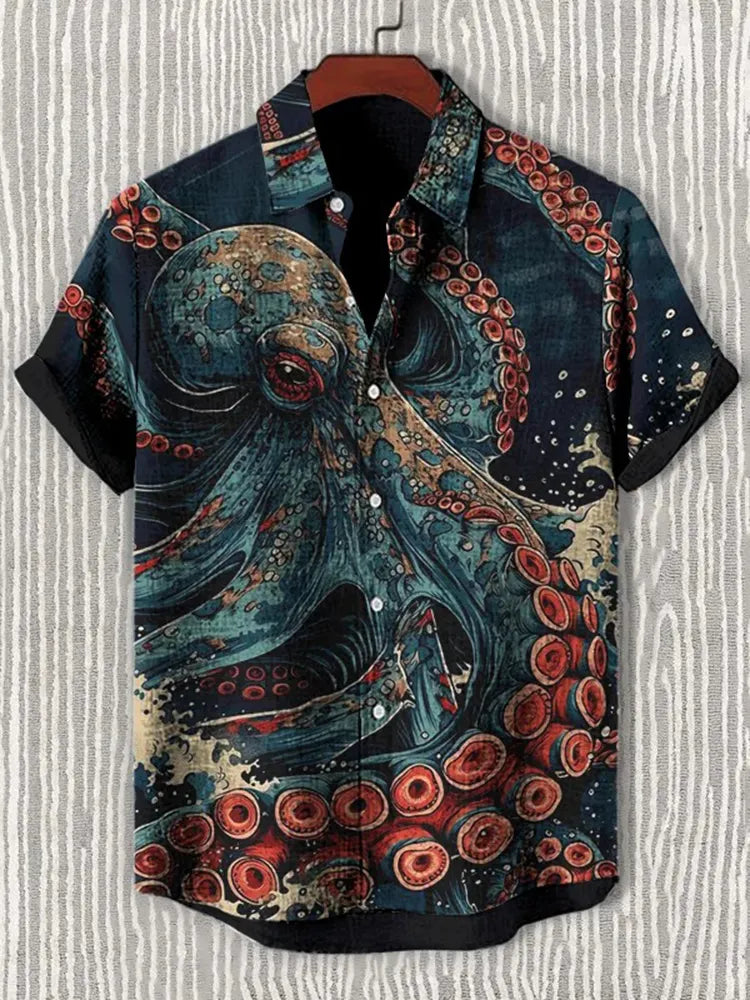 Men's Octopus Japanese Art Print Short Sleeve Shirt