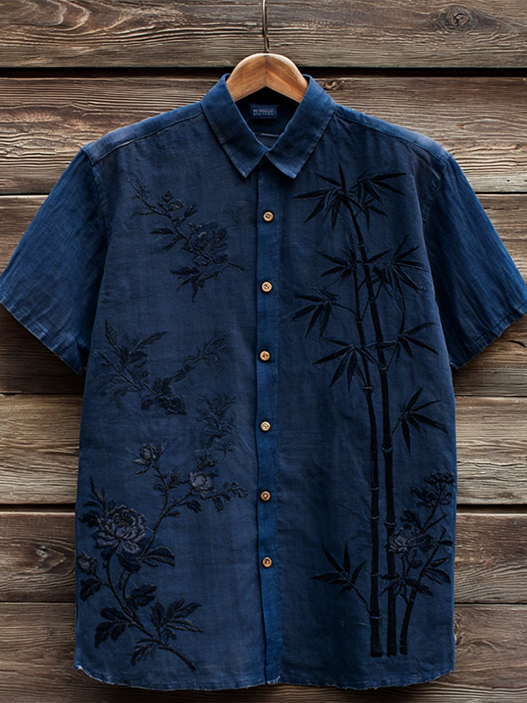 Vintage Flowers & Bamboo Art Short Sleeve Linen Shirt