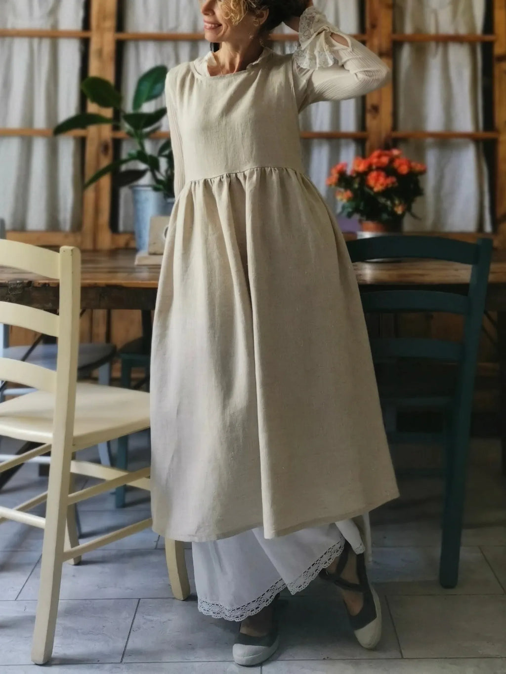 Beige Cotton Apron with Brown Ties