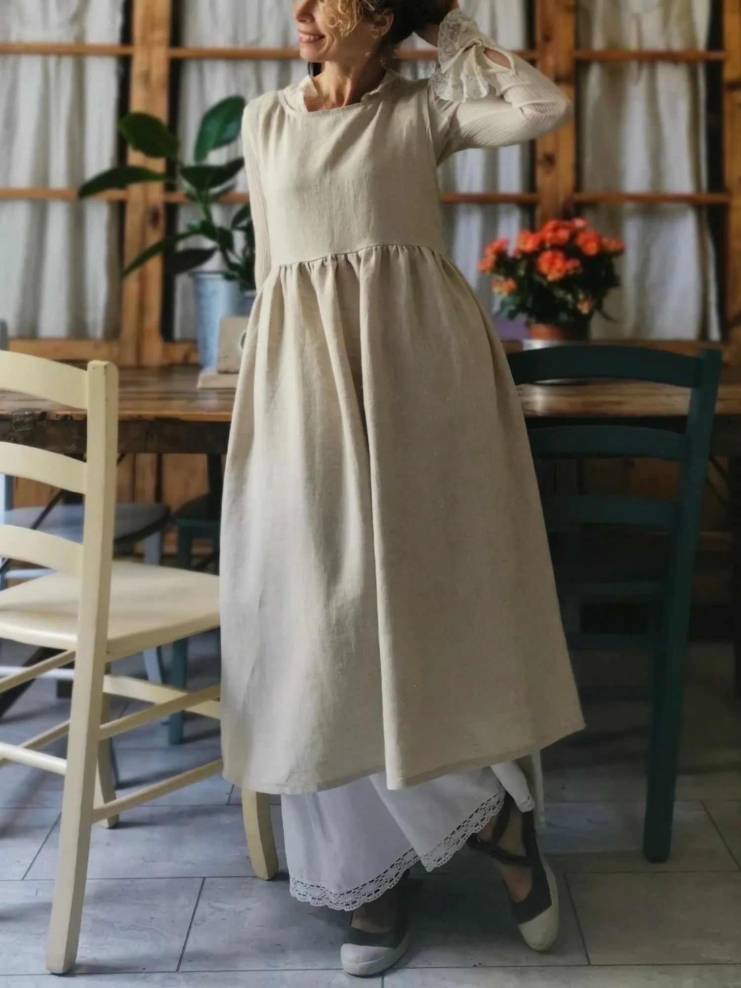 Beige Cotton Apron with Brown Ties