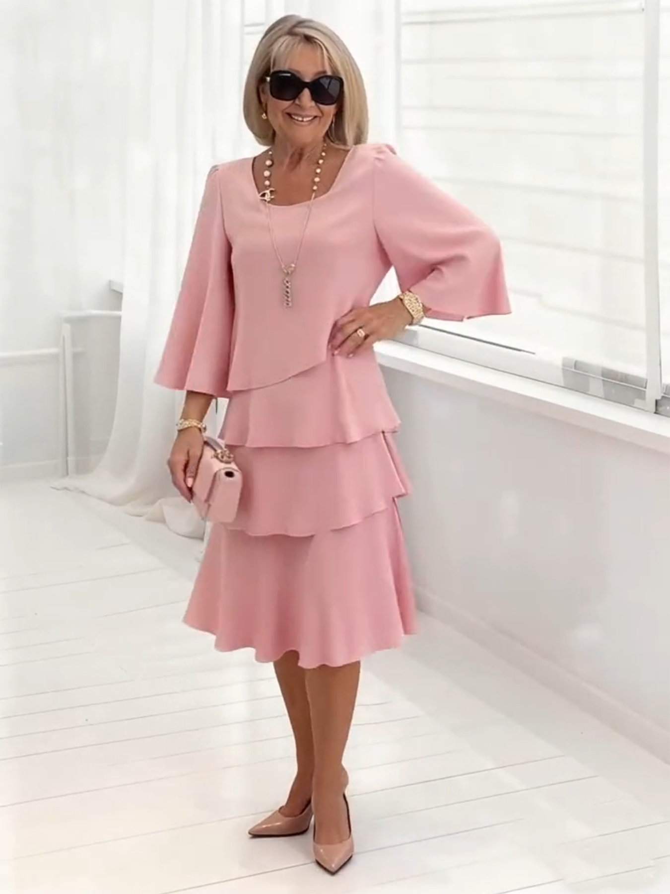 Long Dress Half Sleeve Fashion Cake Skirt Women's Temperament Loose and Thin Round Neck Dress