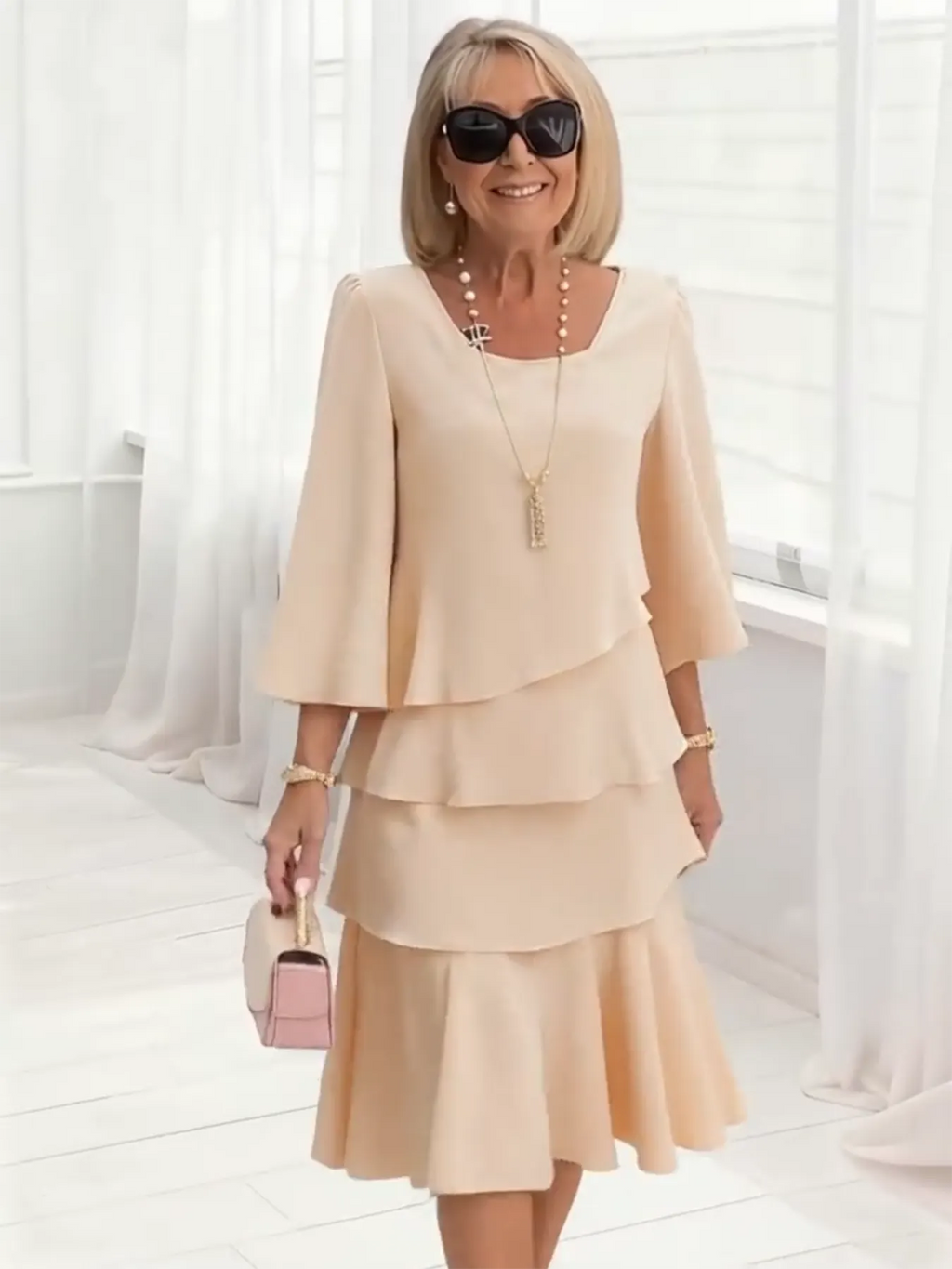 Long Dress Half Sleeve Fashion Cake Skirt Women's Temperament Loose and Thin Round Neck Dress