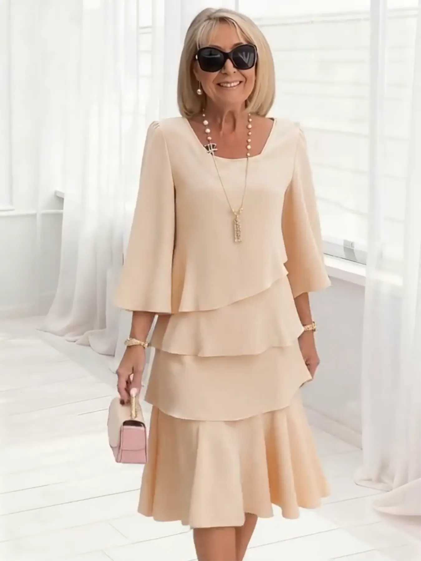 Long Dress Half Sleeve Fashion Cake Skirt Women's Temperament Loose and Thin Round Neck Dress