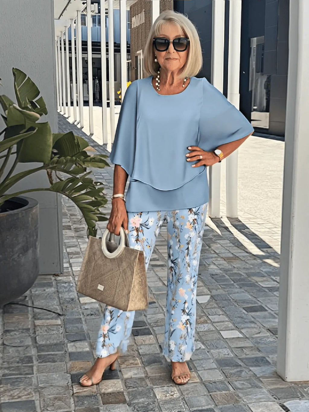 Casual Crew Neck Medium Sleeve Top Printed Floral Pants Set Two-piece Set