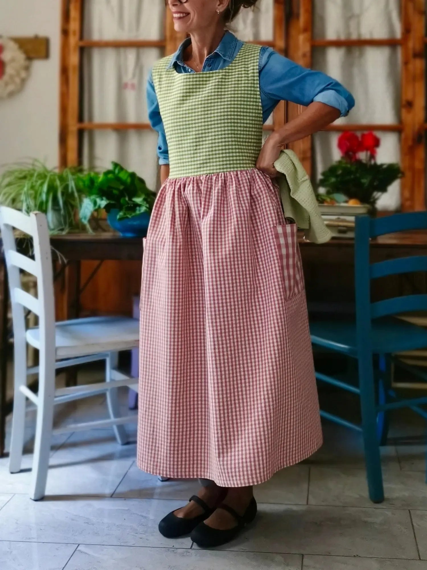 Green and Pink Checked Patchwork Apron