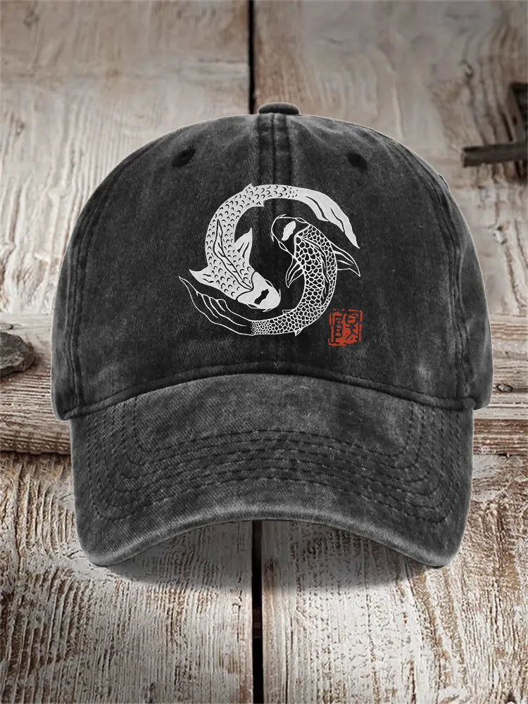 Carp Fish Contrast Japanese Lino Art Washed Cap