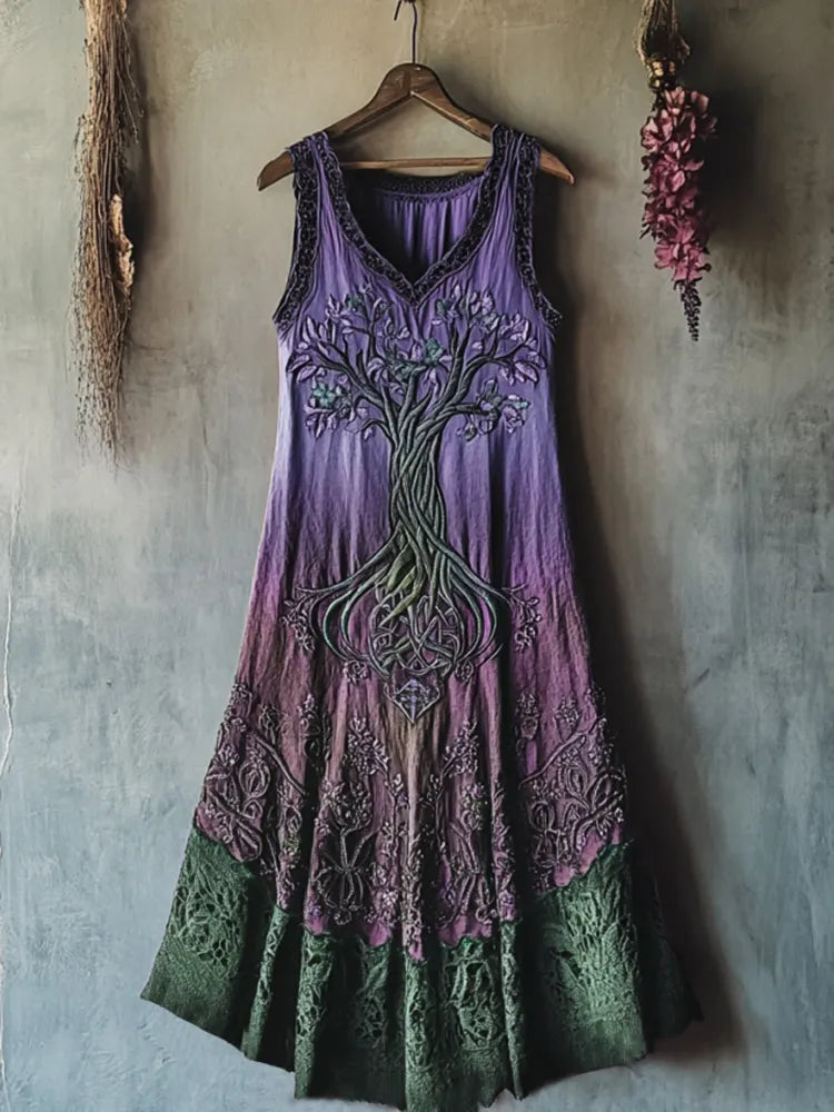 Vintage Viking Tribal Celtic Knot Life Of Tree Lace Patchwork Art Linen Tank Dress