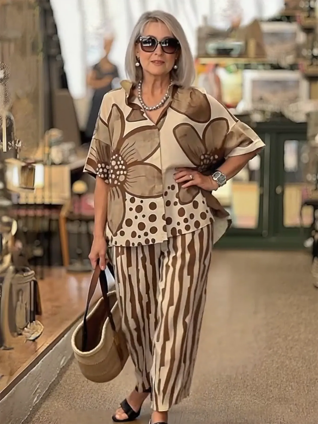 2Pcs Lapel Loose Geometric Printing Casual Set
