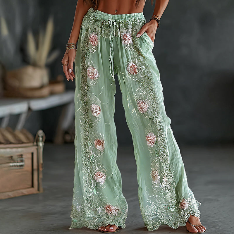 Women's Vintage Spring Floral Embroidered Art Print Flowy Linen Blend Casual Pants
