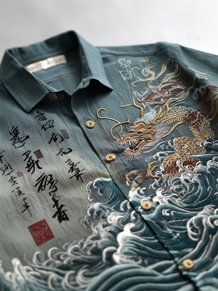 Men's Japanese Dragon Sea Waves Calligraphy Dyed Linen Shirt