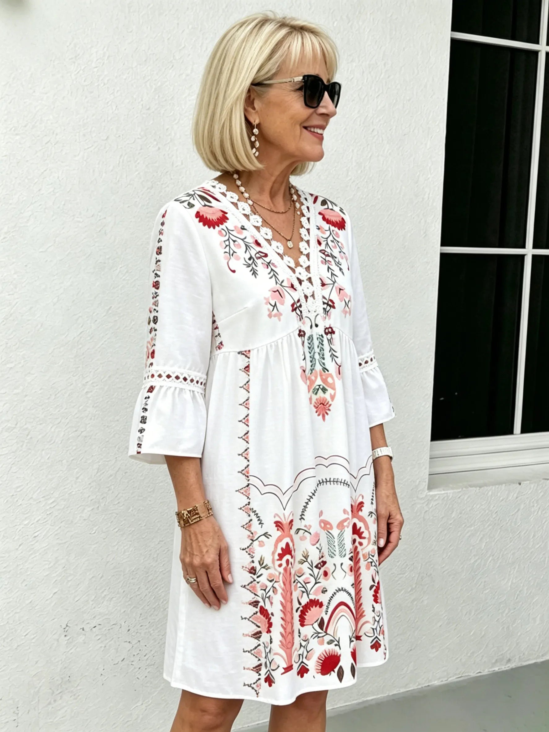 V-neck Printed Lace Stitching Bohemian Casual Vacation Style Dress