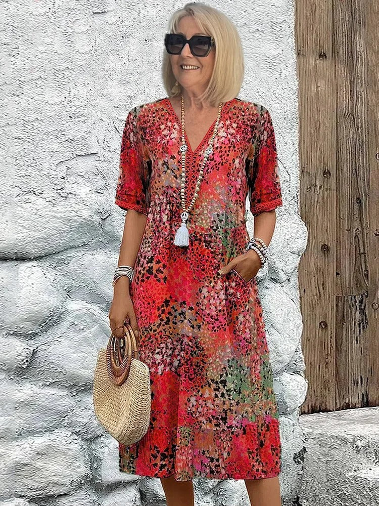 Vacation DRESS Women's Short Sleeve Summer Leopard Lace Dress V Neck Daily Going Out Casual Knee Length A-Line Khaki