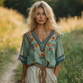 Vintage Distressed Viking Tree Of Life Linen V-neck Dress