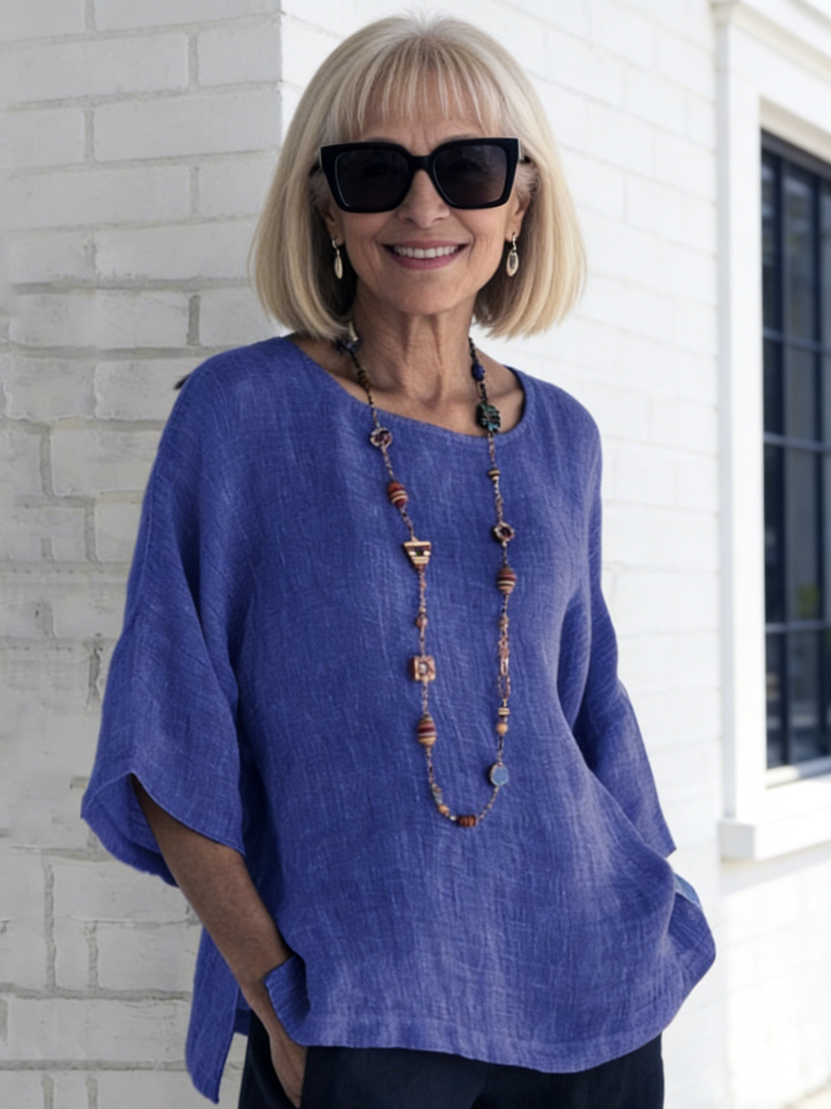 Three-Quarter Sleeve Round Neck Cotton and Linen Shirt