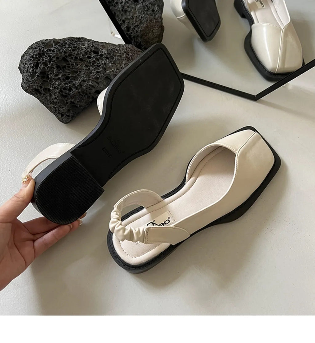 Back Empty Bag Head Sandals Women's Spring and Summer Flat Bottom Wind Square Head Single Shoes French Retro Sandals Outer Wear